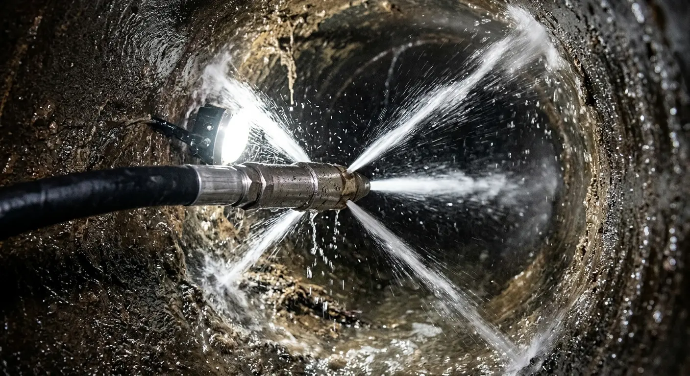High-pressure hydro jetting nozzle cleaning sewer pipe for Sewer Cleanout in Allendale