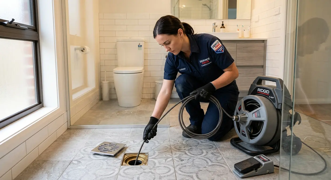 Technician clearing a bathroom floor drain for Sewer Line Replacement in Allendale
